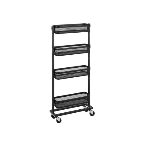 Rootz Mobile Shelf - Narrow Mobile Shelf - 4-Tier Trolley - Slim 4-Tier Trolley - Steel - Black - 40.5 x 13.5 x 90.6 cm