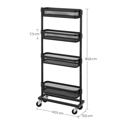 Rootz Mobile Shelf - Narrow Mobile Shelf - 4-Tier Trolley - Slim 4-Tier Trolley - Steel - Black - 40.5 x 13.5 x 90.6 cm