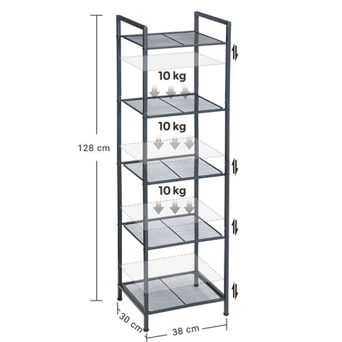 Rootz Metal Shelf - Bathroom Shelf - 5 Levels Metal Shelf - Storage Shelf - Shelving Unit - Open Shelf - Steel - Black - 38 x 30 x 128 cm