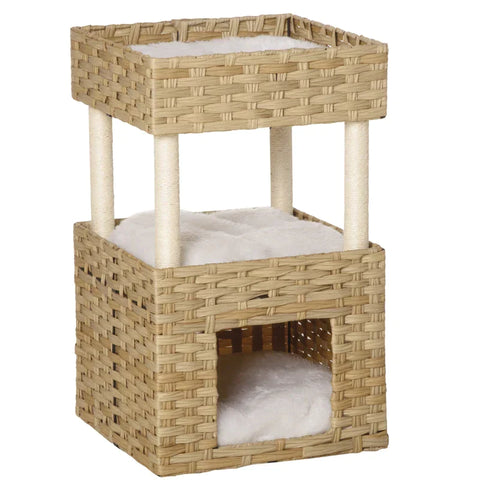 Rootz Cat Cave - Cat Basket With Scratching Post - 3-story Cat Bed - Cat Tower With 3 Cushions - Sun Roof - Sisal - Natural - 40 x 40 x 70 cm