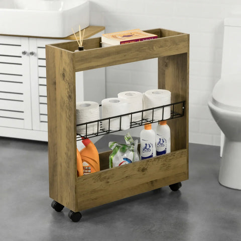 Rootz Bathroom Toilet Paper Roll Holder-Narrow Bathroom Shelf on Wheels- 3 Tiers Mobile Storage Shelf Rack