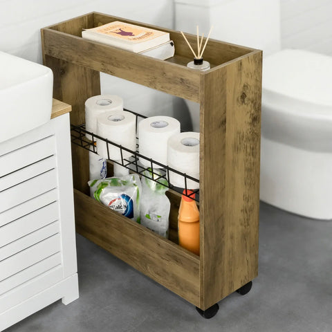 Rootz Bathroom Toilet Paper Roll Holder-Narrow Bathroom Shelf on Wheels- 3 Tiers Mobile Storage Shelf Rack