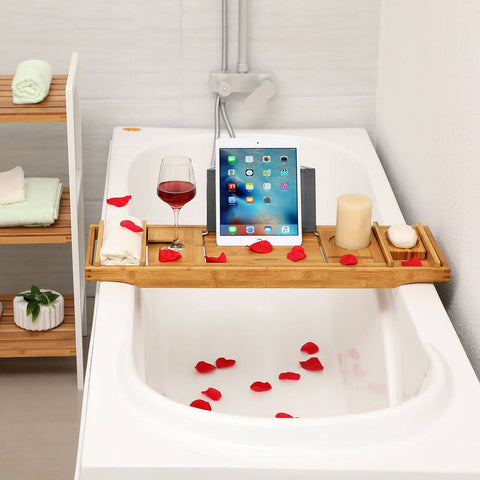 Rootz Bathtub Shelf Bamboo - Extendable - Luxurious Bathing - Bathtub Tray - Exciting Foam Bath - Functionality Bathroom - Bamboo - Natural - 75-109 x 4.5 x 23 cm (W x H x D)