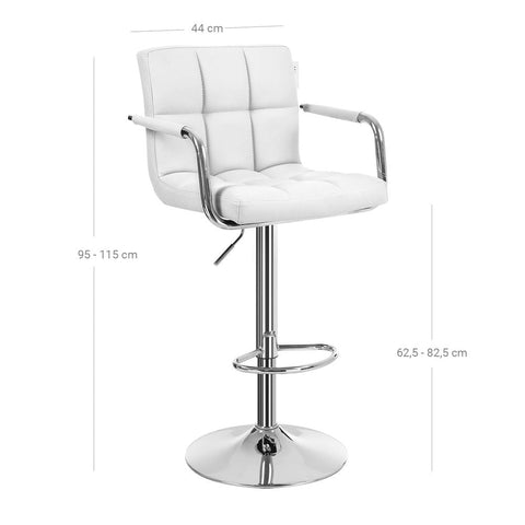 Rootz Set Of 2 Bar Stools - Bar Chair With Armrests - Adjustable Height - Industrial Design - Stable - Comfortable For Sitting - PU - Chrome Plated Steel - White - 44.5 x (95-115) x 38 cm (W x H x D)