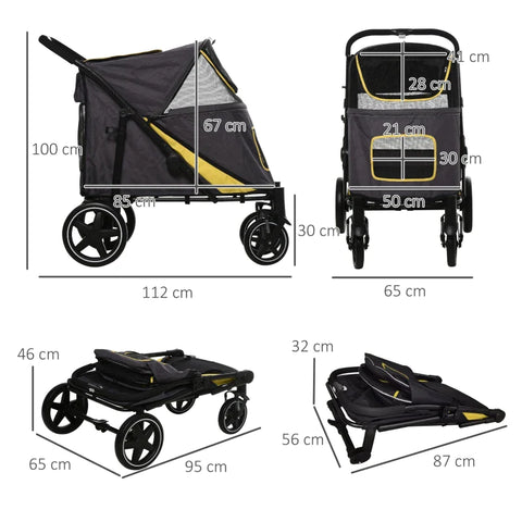 Rootz Folding Dog Trolley - One-click System - Foldable - 2 Safety Lines - Dark Gray + Black - 112L x 65W x 100H cm