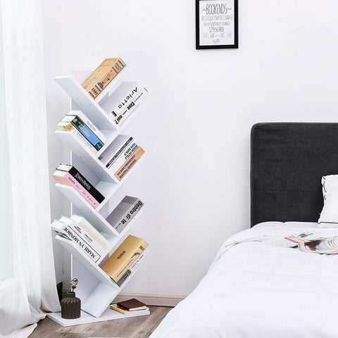 Rootz Bookcase - 8 Tier Bookcase - Tree-shaped Bookcase - Modern Tree Book Organizer - Stylish Tree-shaped Shelving Unit - Floor-standing Tree Book Storage - Chipboard - White - 50 x 141.5 x 25 cm (W x H x D)