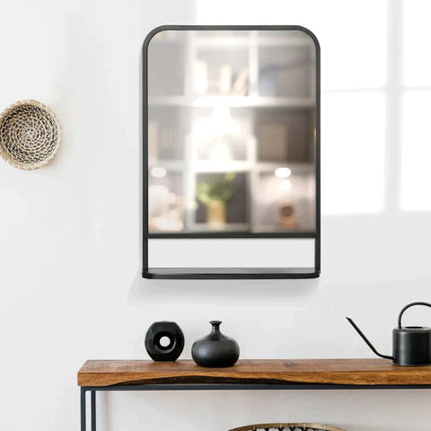 Rootz Wall Mirror - Modern Square Wall Mirror with Storage Shelf - Metal Frame - Rounded Edges - Black + Silver - 70cm x 10.2cm x 50cm