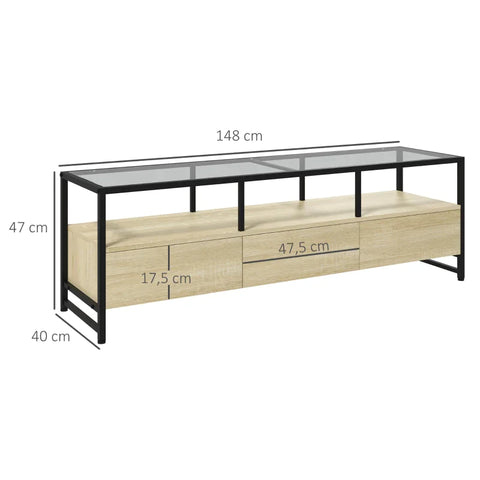 Rootz Tv Bench - Industrial Design - 3 Cabinets - 3 Open Shelves - Glass Top - Easy To Clean - Wood Material - Natural + Black - 148L x 40W x 47H cm