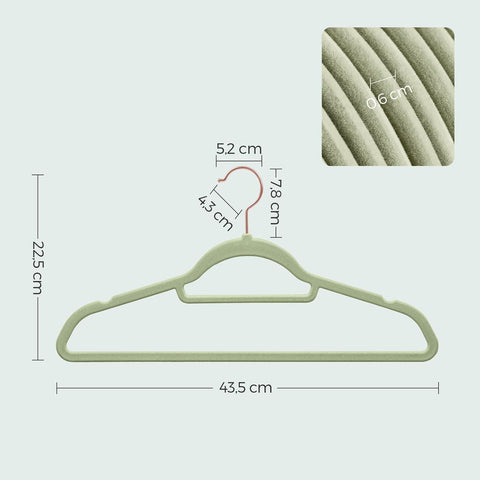 Rootz Hangers - Velvet Hangers - Set Of 50 Velvet Hangers - Velvet Clothes Hanger - Premium Quality Hanger - Stylish Velvet Hanger - Light Green - 43.5 x 0.6 x 22.5 cm