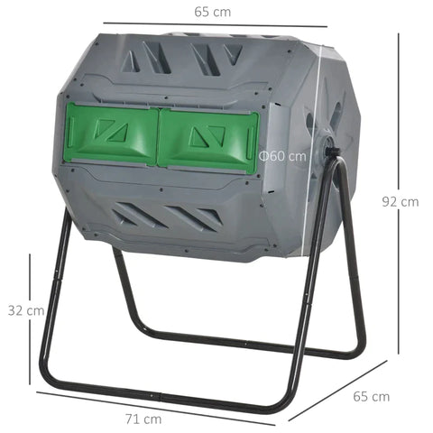 Rootz 2 Bin Compost Bin - 160L Capacity - Rotating Compost Bin - Gray + Green + Black - 71cm x 65cm x 96cm
