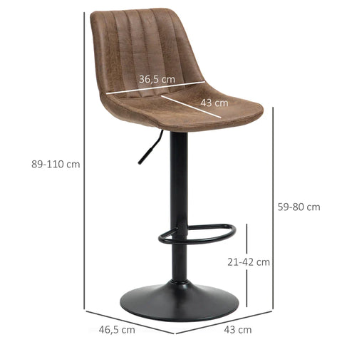 Rootz Set Of 2 Bar Stools In Retro Design - Including Footrest - Height Adjustable - Gas Lift - Brown + Black - 43L x 46.5W x 89-110H cm