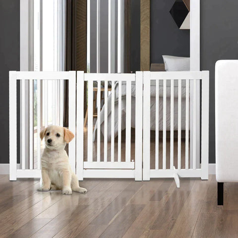 Rootz Wooden Barrier - Free Standing Dog Gate - Door Gate - Adjustable Dog Gate - Foldable Stair Gate - White - 155 x 1.5 x 76 cm