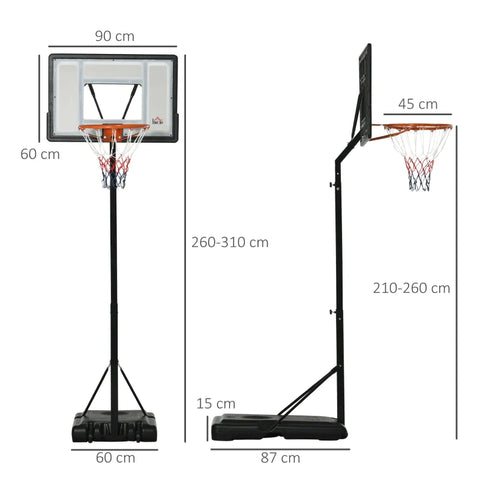 Rootz Basketball Stand With Wheels - Rollable - 260-310 Cm - Height Adjustable - Basketball Hoop With Stand - Suitable For Outdoor And Indoor Use - Steel - Plastic - Black - 90L x 60W x 260-310H cm