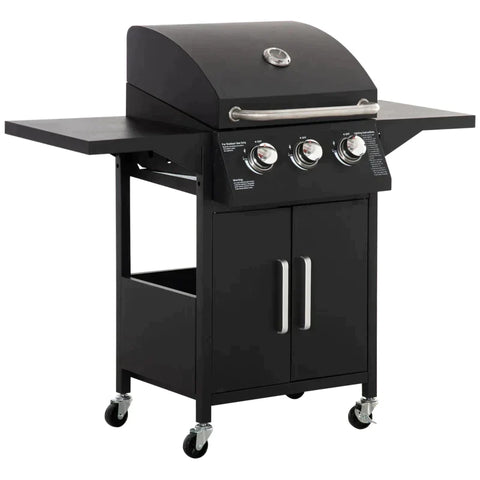 Rootz Gas Grill - BBQ With 3 Burners - Mobile Grill Trolley With 4 Wheels - Grill Net - Side Tables - Pressure Reducer - Hoses Cabinet - Multifunction - Steel - Black - 121 x 55 x 109 cm