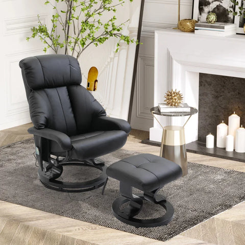 Rootz Massage Chair - Footstool - 10 Vibration Points - 145° Adjustable Backrest - Elegant+smooth - Faux Leather - Black - 76L x 80W x 102H cm