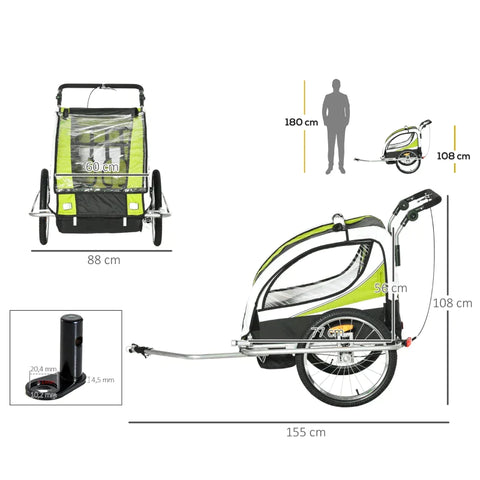 Rootz Child Trailer - Children's Bicycle Trailer - For 2 Children - With Universal Hitch - Polyester/Steel - Green/Black - 155 x 88 x 108 cm