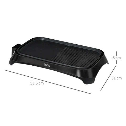 Rootz Electric Grill - Table Grill - Electric With Adjustable Thermostat - Non-stick Coated Grill Plate - Teppanyaki With Drip Tray - Black - 53.5 x 31 x 8 cm