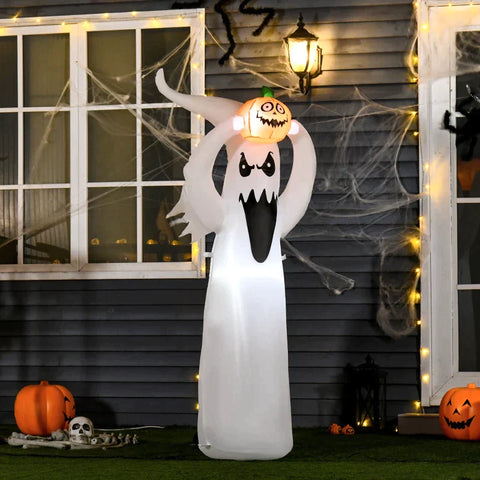 Rootz Halloween Inflatable Ghost - Inflatable Ghost - Halloween Decoration - With LEDs - White/Orange - 80 x 40 x 180 cm