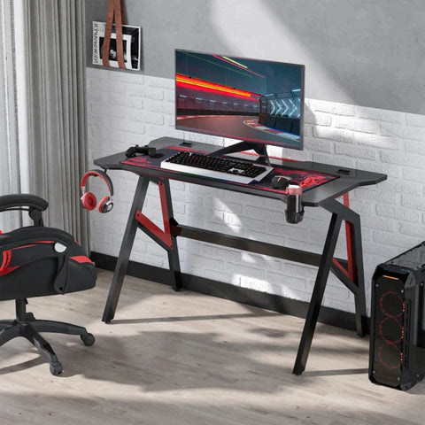 Rootz Gaming Desk - Gaming Table - With Headphone Hook - Drink Holder - R-Shaped Computer Desk - Metal - Black/Red - 120 x 58 x 75 cm