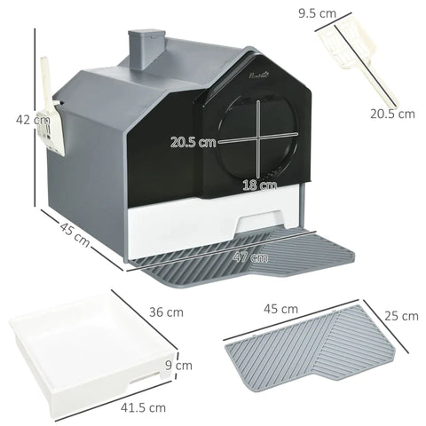 Rootz Hooded Cat Litter Tray with Scoop - Cat Litter Box with Drawer Pan - Handle - Deodorants - Hut Design - Front Entrance - Grey - 47 x 45 x 42cm