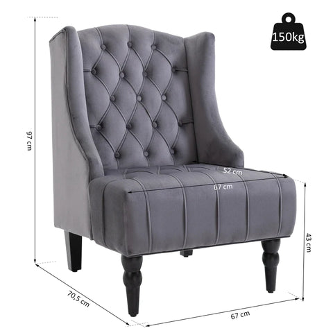 Rootz Single Chair - Wing Chair - Relaxation Chair - Tufted Design Chair - Raised Legs Chair - Stylish Raised Leg Design - Gray - 67 X 70.5 X 97 Cm