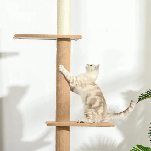 Rootz Scratching Post - Ceiling High - Height-Adjustable - Cat Tree - Climbing Tree for Cats with 3 Levels - Cat Scratching Post - Play Tree from Floor to Ceiling - Khaki - 43cm x 27cm x 260cm