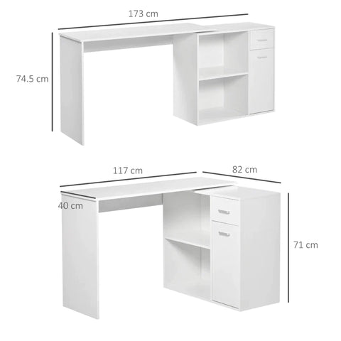 Rootz L-Shaped Desk - Computer Desk - Corner Desk - Storage Shelf And Drawer - White - 117x82x74 Cm