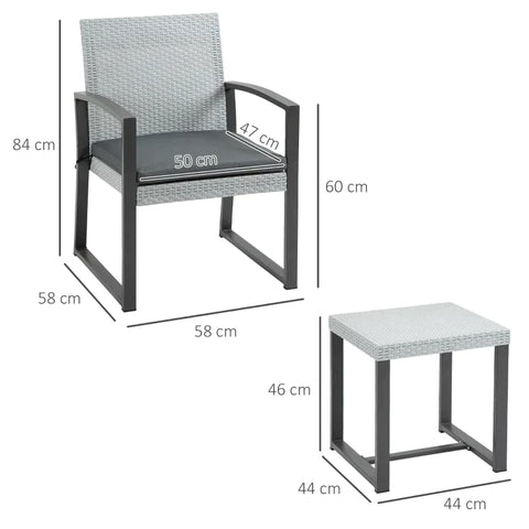 Rootz Rattan Bistro Set - 3-Piece Bistro Set - Poly Rattan Bistro Set - Balcony Furniture Set - Garden Furniture Set - With Side Table - Garden Set - Seating Set - Steel - Black/Grey