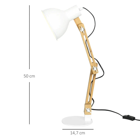 Rootz Desk Lamp - Reading Ambient Light - Vintage Design - Led Light Bulbs - Bamboo Adjustable - Swivel Arm - White Metal - White + Natural - 36L x 15.5W x 50H cm