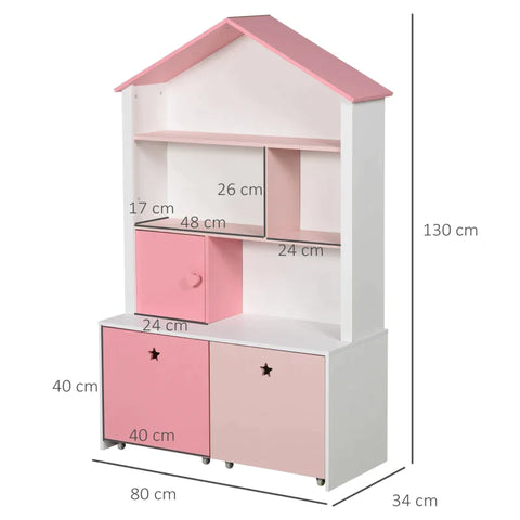 Rootz Children's Shelf - House-designed Bookshelf - Standing Shelf - Decorative Shelf With 4 Compartments - Pink - 80 x 34 x 130 cm