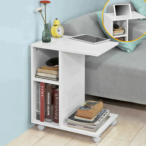 Rootz Sofa Side Table-End Table Coffee Table on Wheels with 2 Storage Shelves & Tablet Holder