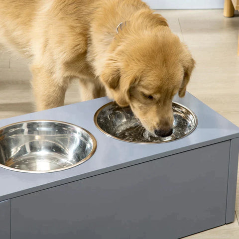Rootz Feeding Station - Elevated Feeding Station - 2 Feeding Bowls Each 2 Liters - Stainless Steel  - With Drawer - For Medium-sized Dogs - Grey - 60 x 30 x 24cm