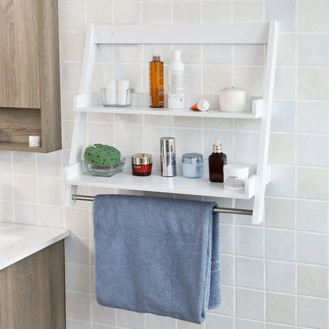 Rootz White Wall Mounted Shelf-Storage Display Ladder Shelf- Bathroom Shelf-2 Shelves + 1 Hanging Rail