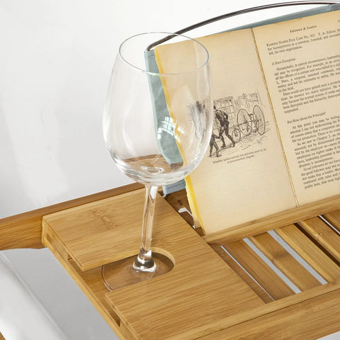 Rootz Extendable Bamboo Bathtub Rack - Caddy Tray with Book Rest iPad Phone Wine Holder