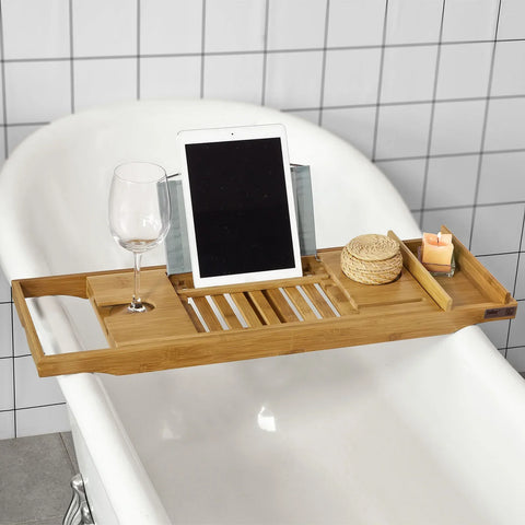 Rootz Extendable Bamboo Bathtub Rack - Caddy Tray with Book Rest iPad Phone Wine Holder