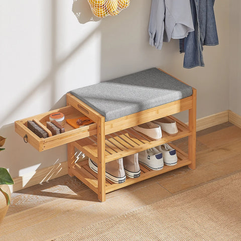 Rootz Bamboo Shoe Rack - Shoe Bench with Lift Up Bench Top and Seat Cushion - Hallway Shoe- Storage Bench Organizer with Drawer