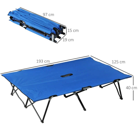 Rootz Folding Camping Bed For 2 People - Folding Camp Bed With Carrying Bag - Can Hold Up To 136 Kg - Steel - Oxford - Blue + Black - 193 x 125 x 40 cm