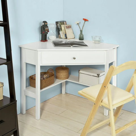 Rootz- White Corner Desk- Triangle Table Desk with Drawer- Home Office Desk Computer Desk Workstation