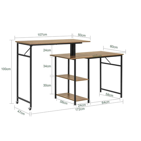 Rootz- Home Office Table Desk Computer Desk Standing Desk Sit Stand Desk Rotatable Desk with 2 Desktops and 2 Shelves