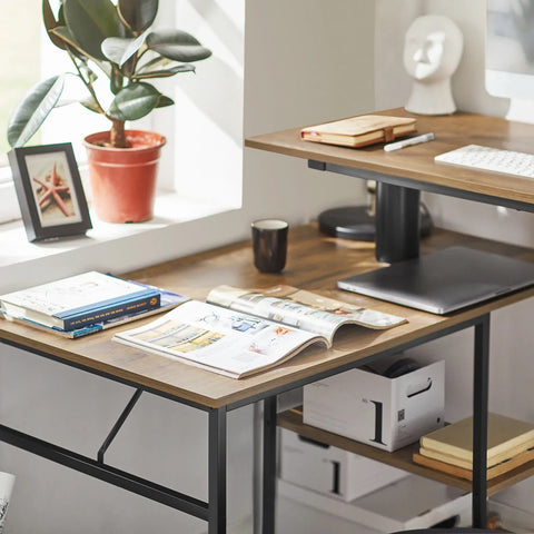 Rootz- Home Office Table Desk Computer Desk Standing Desk Sit Stand Desk Rotatable Desk with 2 Desktops and 2 Shelves