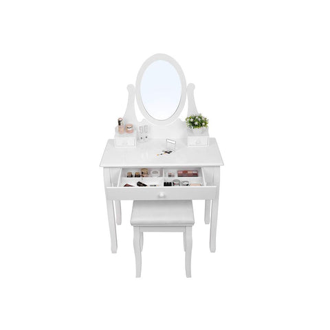 Rootz Dressing Table - Dressing Table With Oval Mirror - Country House Style - Makeup Desk - Vanity Mirror Desk - Vanity Table - Solid Wood + MDF - White - 137 x 80 x 40 cm