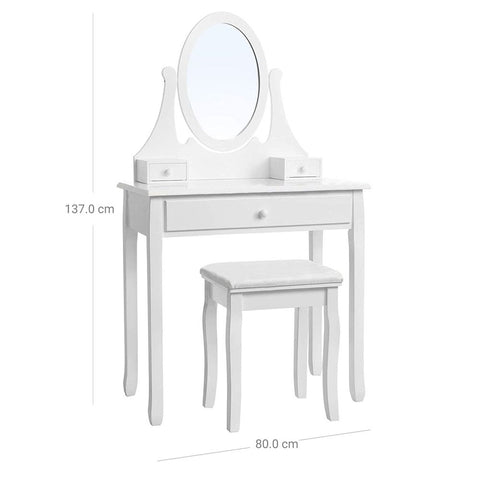 Rootz Dressing Table - Dressing Table With Oval Mirror - Country House Style - Makeup Desk - Vanity Mirror Desk - Vanity Table - Solid Wood + MDF - White - 137 x 80 x 40 cm