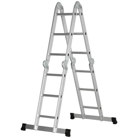 Rootz 5-in-1 Telescoping Ladder with 2 Safety Platforms - Alloy Aluminium Multi Purpose 4-Fold Collapsible Ladder with 12 Steps - 150 kg Weight Capacity - Silver - 339 x 76 x 10cm