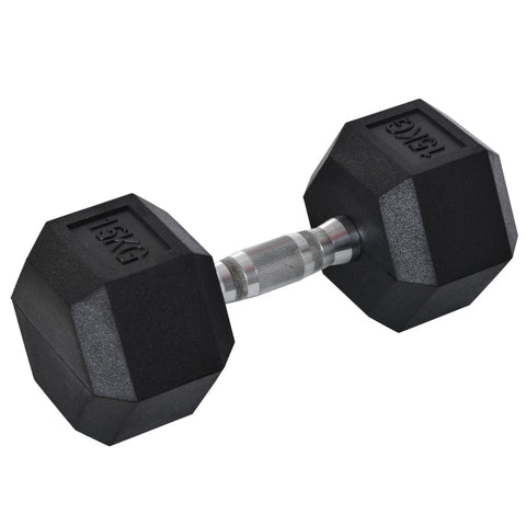 Rootz 15KG Single Rubber Hex Dumbbell - Hexagonal Dumbbells - Knurled Handle - Sports Hex Weights Sets - Weight Lifting Exercise - Home - Gym - Black
