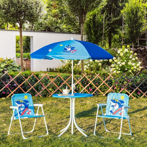 Rootz 4 Piece Children's Furniture Set - Garden Table - 2 Folding Chairs - Parasol - Camping Child's Seat Set - Garden Furniture - Blue - Ø49.5 x 50H cm