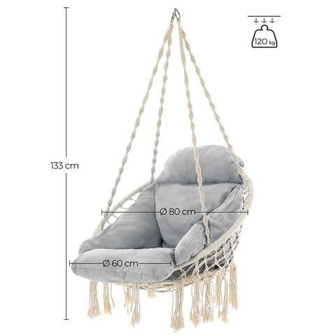 Rootz Hanging Chair - Hanging Chair With Cushion - Hammock Chair - Swing Chair - Cotton/Metal - Beige