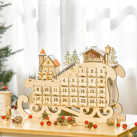 Rootz Christmas Advent Calendar - Christmas Calendar With LED Lights - With 24 Draw Compartments - Christmas Decoration - DIY Plywood Board - Natural Wood - 45 x 10 x 31 cm