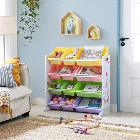 Rootz Toy Shelf - Toy Shelf With 12 Removable Boxes - Toy Storage Shelf - Kids Toy Shelf - Toy Display Shelf - Toy Organizer Shelf - MDF - White+Pink+Orange+Purple+Green- 86 x 26.5 x 78 cm (L x W x H)