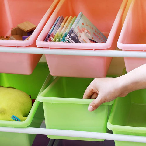 Rootz Toy Shelf - Toy Shelf With 12 Removable Boxes - Toy Storage Shelf - Kids Toy Shelf - Toy Display Shelf - Toy Organizer Shelf - MDF - White+Pink+Orange+Purple+Green- 86 x 26.5 x 78 cm (L x W x H)