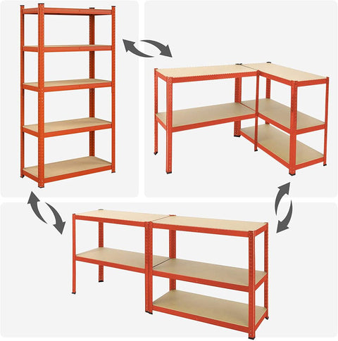 Rootz Storage Rack - With 5 Adjustable Shelves - Multi-tiered Shelving Unit - Space-saving Storage Shelf - Industrial Style Shelving - Heavy-duty - Steel - E1 Class MDF - Orange - 180 x 90 x 40 cm (H x L x W)